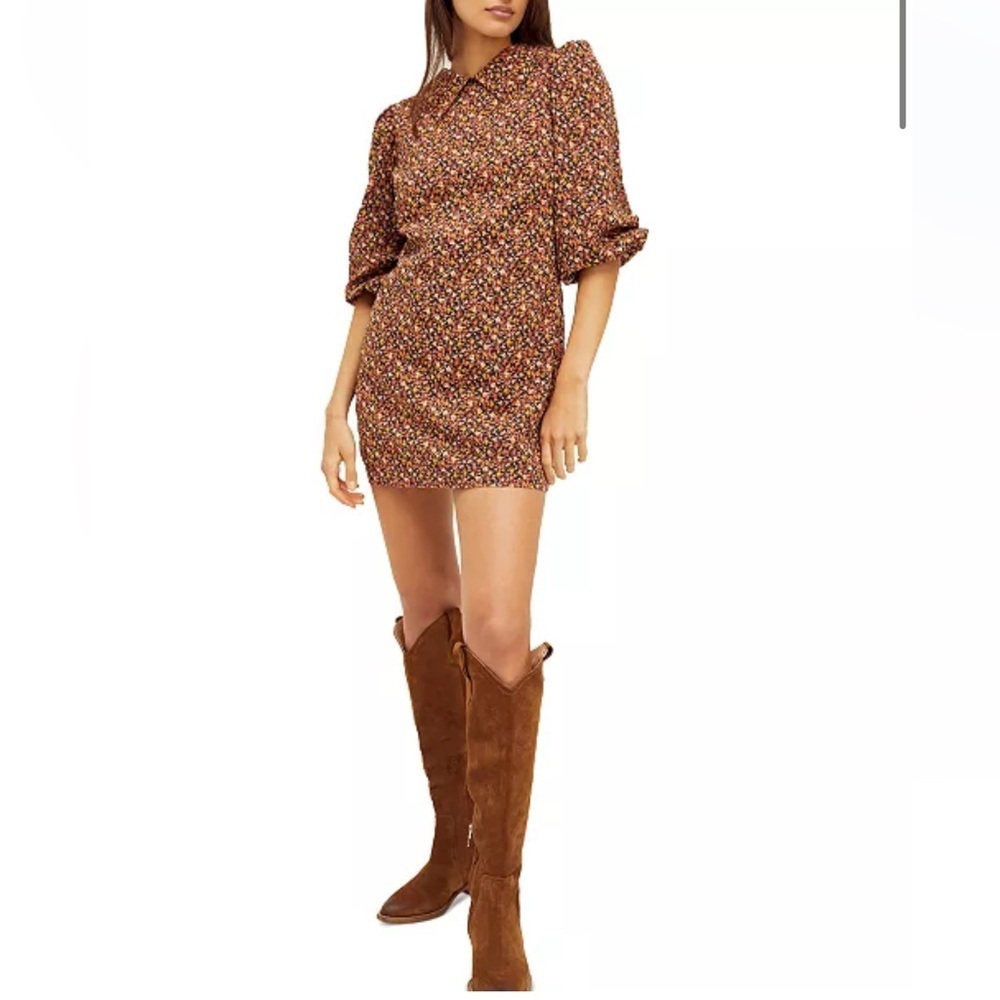 Free People Brown Printed Floral  Sheath Mini Dress Small 3/4 Sleeves Collared